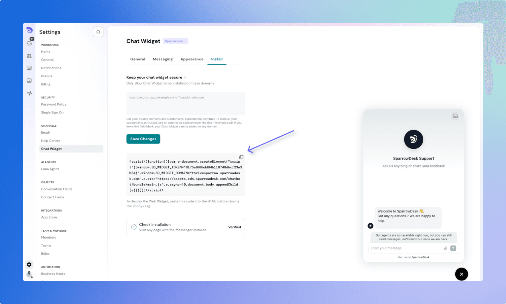 SparrowDesk Chat Widget Settings Page.png